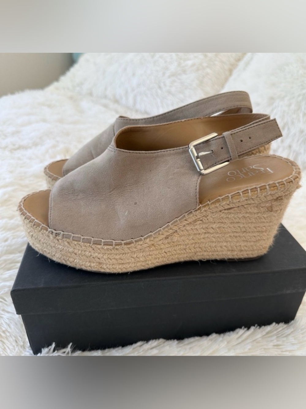 FRANCO SARTO Torres Taupe Espadrille Wedge Sandals Peep Toe Women’s Size 9.5